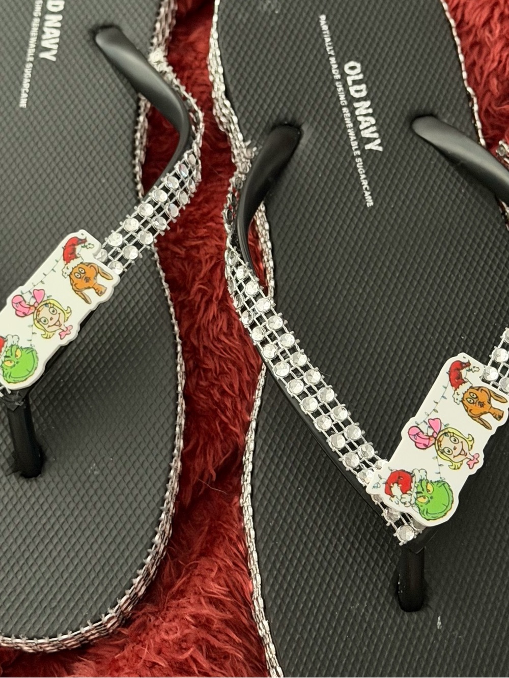 black rhinestone flip-flop sandals